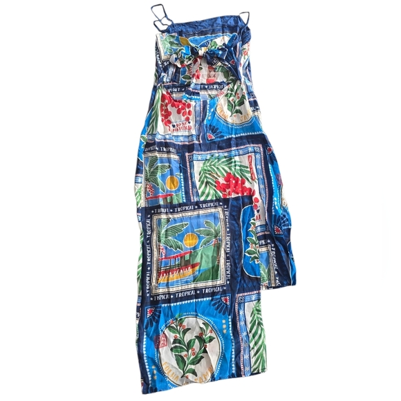 FARM Rio Square Neck Bandana Blue and Green Tropical Midi Dress Size S - Picture 2 of 10